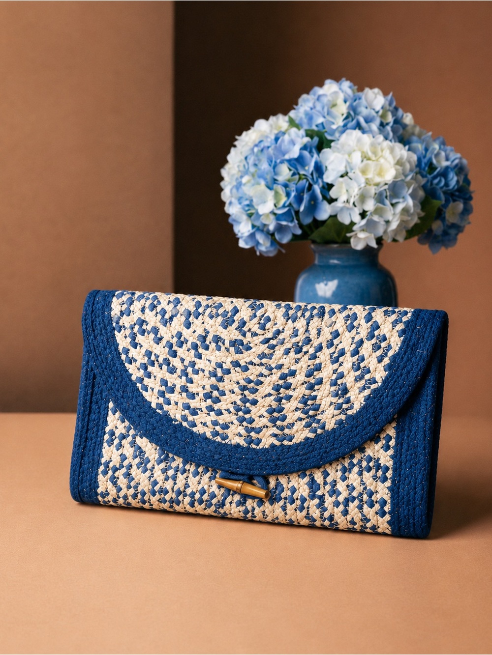America & Beyond Blue Natural Jute Envelope Style Clutch New with Tags